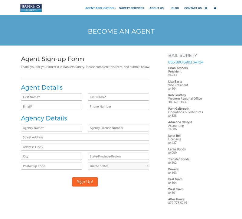 Bankers Surety agent application page